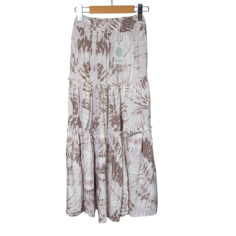 NWT‎ Blue Island Cream/Brown/Tan Tie Dye Tiered Maxi Skirt Size XS